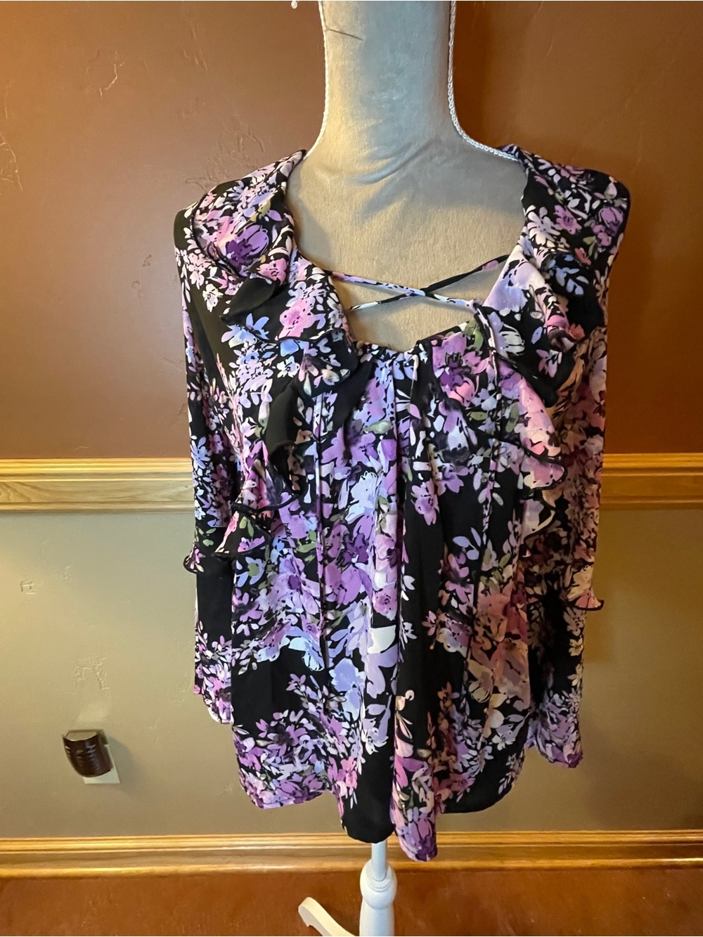VENUS Black Floral Ruffle Blouse with Purple Accents